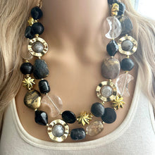 Load image into Gallery viewer, Crescent Moon Celestial Beaded necklace, shiny gold black silver statement necklace, moon stars everyday metal chunky moon phase witch