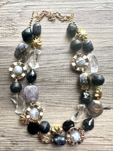Load image into Gallery viewer, Crescent Moon Celestial Beaded necklace, shiny gold black silver statement necklace, moon stars everyday metal chunky moon phase witch