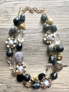 Crescent Moon Celestial Beaded necklace, shiny gold black silver statement necklace, moon stars everyday metal chunky moon phase witch