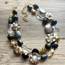 Load image into Gallery viewer, Crescent Moon Celestial Beaded necklace, shiny gold black silver statement necklace, moon stars everyday metal chunky moon phase witch