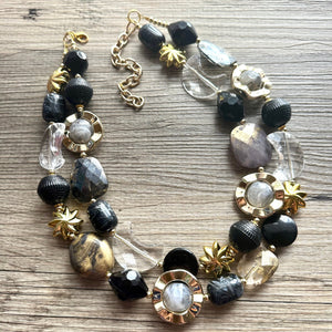 Crescent Moon Celestial Beaded necklace, shiny gold black silver statement necklace, moon stars everyday metal chunky moon phase witch
