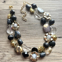 Load image into Gallery viewer, Crescent Moon Celestial Beaded necklace, shiny gold black silver statement necklace, moon stars everyday metal chunky moon phase witch