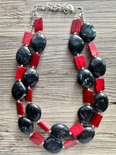 Load image into Gallery viewer, Black &amp; Red Animal Print Statement Necklace, Extra chunky 2 strand jewelry, Geometric Beaded Jewelry, red bib shell necklace snakeskin swirl