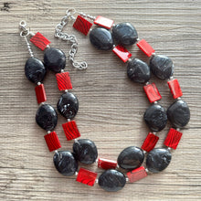 Load image into Gallery viewer, Black &amp; Red Animal Print Statement Necklace, Extra chunky 2 strand jewelry, Geometric Beaded Jewelry, red bib shell necklace snakeskin swirl