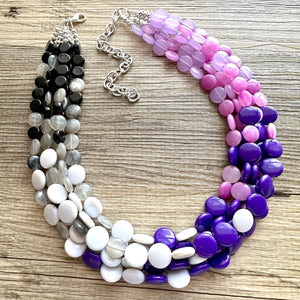 Purple Ombré statement necklace, chunky bib necklace, beaded jewelry lavender necklace, 5 strand gray white black jewelry eggplant lavender