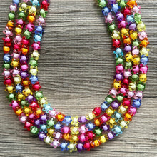 Load image into Gallery viewer, Rainbow Stars Statement Necklace, Chunky 5 Strand Jewelry, Colorful Day jewelry, chunky rainbow resin bib beaded necklace colorful