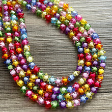 Load image into Gallery viewer, Rainbow Stars Statement Necklace, Chunky 5 Strand Jewelry, Colorful Day jewelry, chunky rainbow resin bib beaded necklace colorful