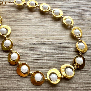 Pearl & Gold Chunky Statement Necklace, 1 Strand Beaded Jewelry golden jewelry, bridesmaid wedding bib rose gold white pearl single