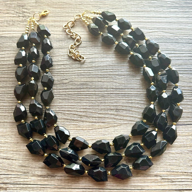 Black & Gold Gala Necklace, 3 strand gold jewelry, big beaded chunky statement necklace, black nugget necklace, gold jewelry earring