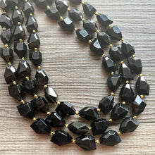 Load image into Gallery viewer, Black &amp; Gold Gala Necklace, 3 strand gold jewelry, big beaded chunky statement necklace, black nugget necklace, gold jewelry earring