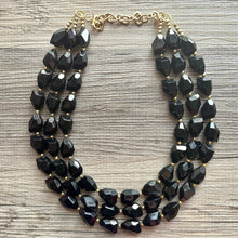 Load image into Gallery viewer, Black &amp; Gold Gala Necklace, 3 strand gold jewelry, big beaded chunky statement necklace, black nugget necklace, gold jewelry earring