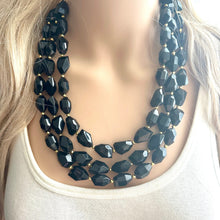 Load image into Gallery viewer, Black &amp; Gold Gala Necklace, 3 strand gold jewelry, big beaded chunky statement necklace, black nugget necklace, gold jewelry earring