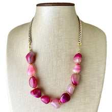 Load image into Gallery viewer, GemStone Chunky Statement Necklace, Single Strand Pink Dragon Vein striped gemstone necklace, gem jewelry beaded agate jewelry gold