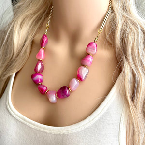 GemStone Chunky Statement Necklace, Single Strand Pink Dragon Vein striped gemstone necklace, gem jewelry beaded agate jewelry gold