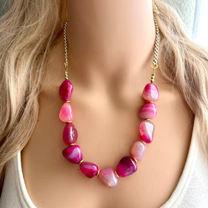 GemStone Chunky Statement Necklace, Single Strand Pink Dragon Vein striped gemstone necklace, gem jewelry beaded agate jewelry gold