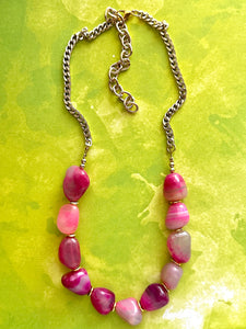 GemStone Chunky Statement Necklace, Single Strand Pink Dragon Vein striped gemstone necklace, gem jewelry beaded agate jewelry gold