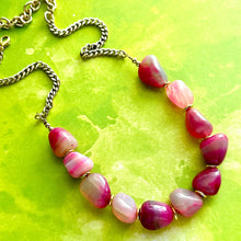 Load image into Gallery viewer, GemStone Chunky Statement Necklace, Single Strand Pink Dragon Vein striped gemstone necklace, gem jewelry beaded agate jewelry gold