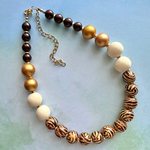 Vintage Chocolate Animal Print Chunky Statement Necklace, brown beaded necklace, wood cheetah beaded jewelry gold metallic jewel leopard