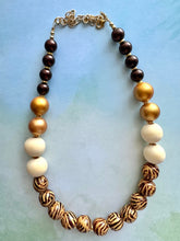 Load image into Gallery viewer, Vintage Chocolate Animal Print Chunky Statement Necklace, brown beaded necklace, wood cheetah beaded jewelry gold metallic jewel leopard