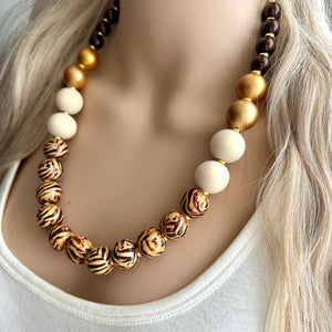 Vintage Chocolate Animal Print Chunky Statement Necklace, brown beaded necklace, wood cheetah beaded jewelry gold metallic jewel leopard