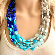 Load image into Gallery viewer, Blue Blizzard Ombré statement necklace, chunky bib necklace, beaded jewelry turquoise necklace, 5 strand gray white black aqua baby blue