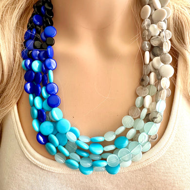 Blue Blizzard Ombré statement necklace, chunky bib necklace, beaded jewelry turquoise necklace, 5 strand gray white black aqua baby blue