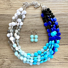 Load image into Gallery viewer, Blue Blizzard Ombré statement necklace, chunky bib necklace, beaded jewelry turquoise necklace, 5 strand gray white black aqua baby blue