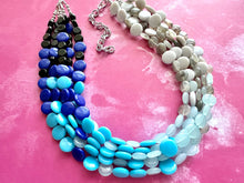 Load image into Gallery viewer, Blue Blizzard Ombré statement necklace, chunky bib necklace, beaded jewelry turquoise necklace, 5 strand gray white black aqua baby blue