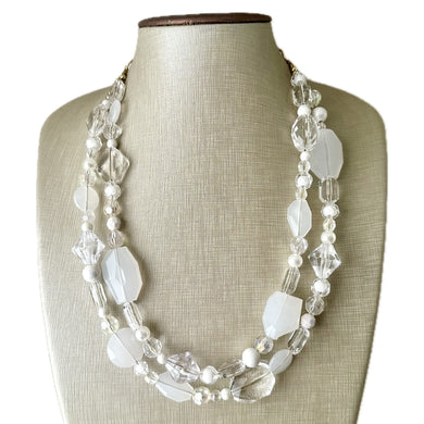 White & Clear Double Strand statement necklace, gold big beaded necklace, chunky jewelry, white necklace, resin necklace, multi-strand