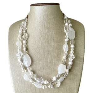 White & Clear Double Strand statement necklace, gold big beaded necklace, chunky jewelry, white necklace, resin necklace, multi-strand