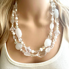 Load image into Gallery viewer, White &amp; Clear Double Strand statement necklace, gold big beaded necklace, chunky jewelry, white necklace, resin necklace, multi-strand