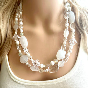 White & Clear Double Strand statement necklace, gold big beaded necklace, chunky jewelry, white necklace, resin necklace, multi-strand