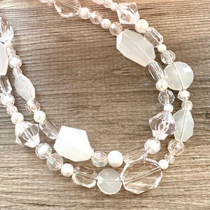 White & Clear Double Strand statement necklace, gold big beaded necklace, chunky jewelry, white necklace, resin necklace, multi-strand
