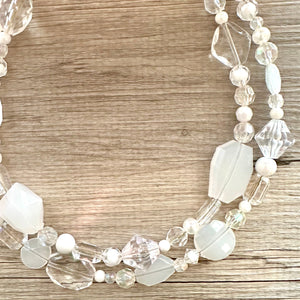White & Clear Double Strand statement necklace, gold big beaded necklace, chunky jewelry, white necklace, resin necklace, multi-strand