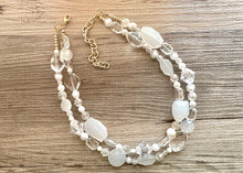 Load image into Gallery viewer, White &amp; Clear Double Strand statement necklace, gold big beaded necklace, chunky jewelry, white necklace, resin necklace, multi-strand