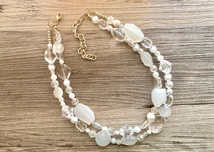White & Clear Double Strand statement necklace, gold big beaded necklace, chunky jewelry, white necklace, resin necklace, multi-strand