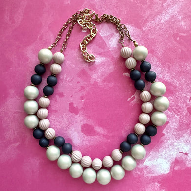 Navy Blue & Gold Chunky Statement Necklace, Big beaded jewelry, 2 Strand Statement Necklace, Bib dark baby blue beaded blush pink
