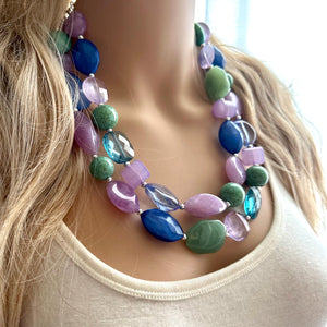 Bejeweled Green 2 Strand Necklace, blue Necklace, purple aqua jewelry, green chunky statement necklace OOAK, emerald turquoise