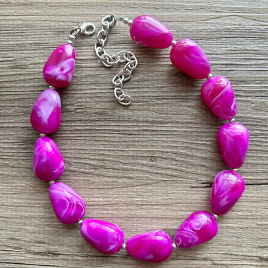 Raspberry Swirl Single Strand Beaded Statement Necklace, purple pink beaded necklace, bridesmaid jewelry layering glitter resin chunky