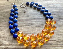 Load image into Gallery viewer, Orange &amp; Blue Chunky Statement Necklace, Royal Blue Big bib beaded jewelry, 2 Strand Statement Necklace bib collar football game