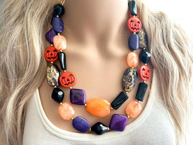 Orange & Black Purple Halloween Necklace, Double strand orange jewelry, jack O Lantern pumpkin chunky big bead statement necklace