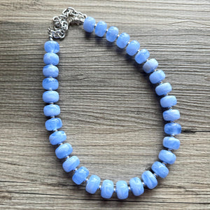 Periwinkle Candy Statement Necklace, resin chunky multi-strand jewelry, light blue white necklace, single strand silver thick layering