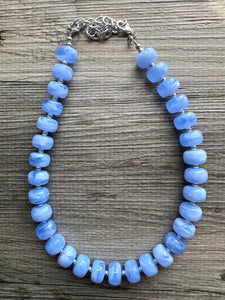 Periwinkle Candy Statement Necklace, resin chunky multi-strand jewelry, light blue white necklace, single strand silver thick layering