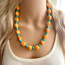 Load image into Gallery viewer, Orange Crackle Chunky Statement Necklace, Big beaded bib jewelry, Single Strand Statement Necklace, turquoise stone bead 1 layering