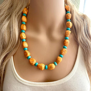 Orange Crackle Chunky Statement Necklace, Big beaded bib jewelry, Single Strand Statement Necklace, turquoise stone bead 1 layering