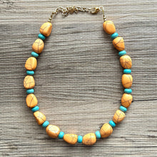 Load image into Gallery viewer, Orange Crackle Chunky Statement Necklace, Big beaded bib jewelry, Single Strand Statement Necklace, turquoise stone bead 1 layering