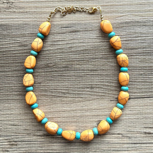 Orange Crackle Chunky Statement Necklace, Big beaded bib jewelry, Single Strand Statement Necklace, turquoise stone bead 1 layering