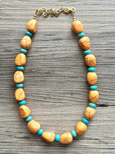 Load image into Gallery viewer, Orange Crackle Chunky Statement Necklace, Big beaded bib jewelry, Single Strand Statement Necklace, turquoise stone bead 1 layering