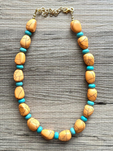 Orange Crackle Chunky Statement Necklace, Big beaded bib jewelry, Single Strand Statement Necklace, turquoise stone bead 1 layering