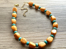 Load image into Gallery viewer, Orange Crackle Chunky Statement Necklace, Big beaded bib jewelry, Single Strand Statement Necklace, turquoise stone bead 1 layering